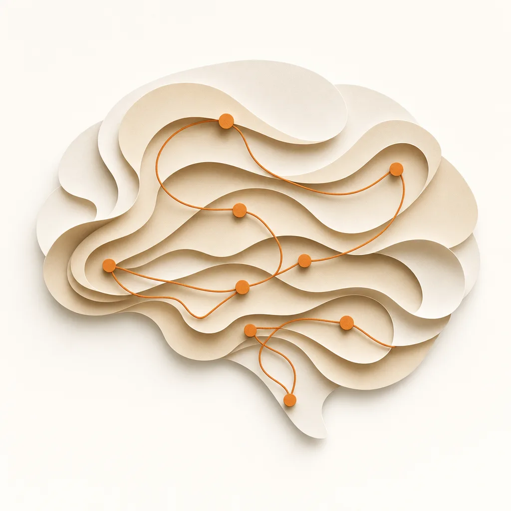 A brain built from layered paper, with amber threads connecting points across its regions
